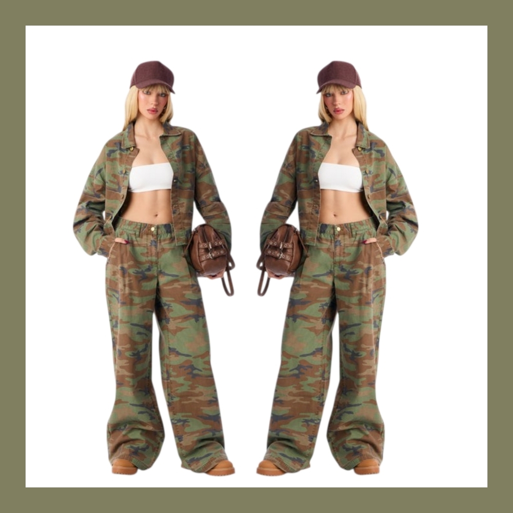 Fashion Nova Green & Brown Camo Utility Jacket